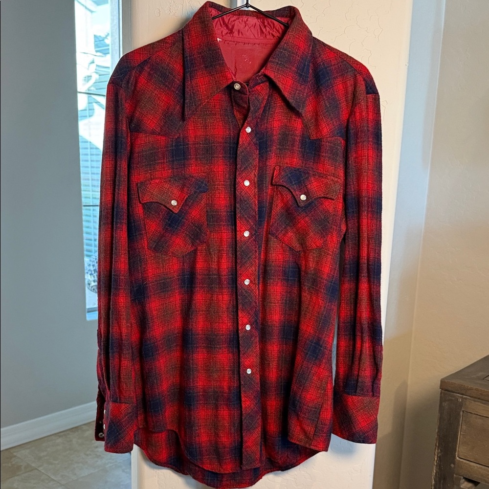 VINTAGE WOOLWORTH MENS WOOL PEARL SNAP PLAID WESTERN SHACKET